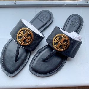 Tory Burch Benton Band Calf Leather Flat Thong Sandals Black - size 6